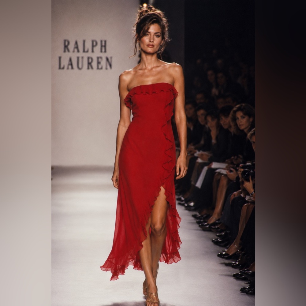 Ralph Lauren Silk Runway Asymmetrical Hem Ruffle 90 Y2k Red Mermaid Midi Dress 4